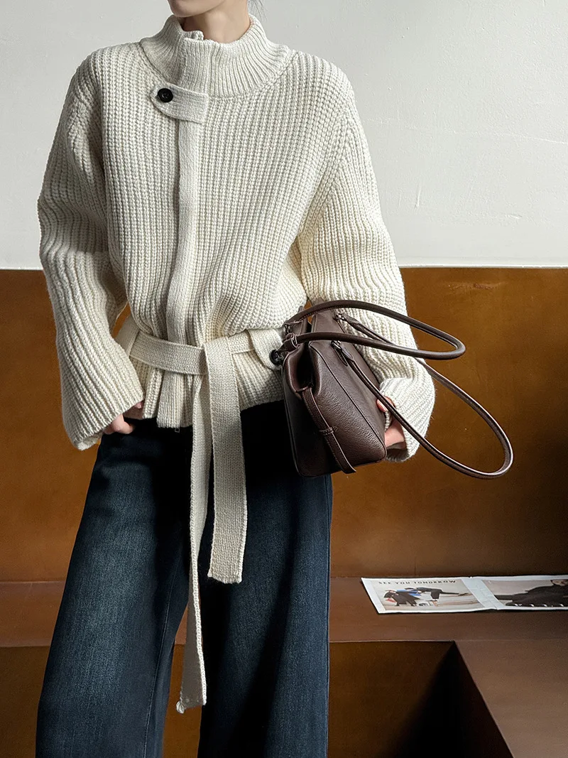 LIMO Autumn Winter Acrylic Knitted Sweater Women Fashion with Belt Waistband Elegant Office Work Wear Casual Date Night Outfit