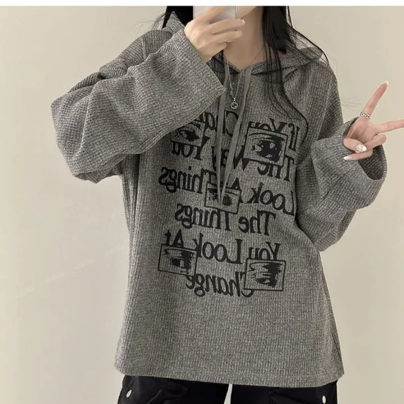 Sudaderas con capucha informales con estampado de letras para mujer, Tops sencillos y holgados de manga larga, sudadera de calle estética Y2k, Otoño e Invierno