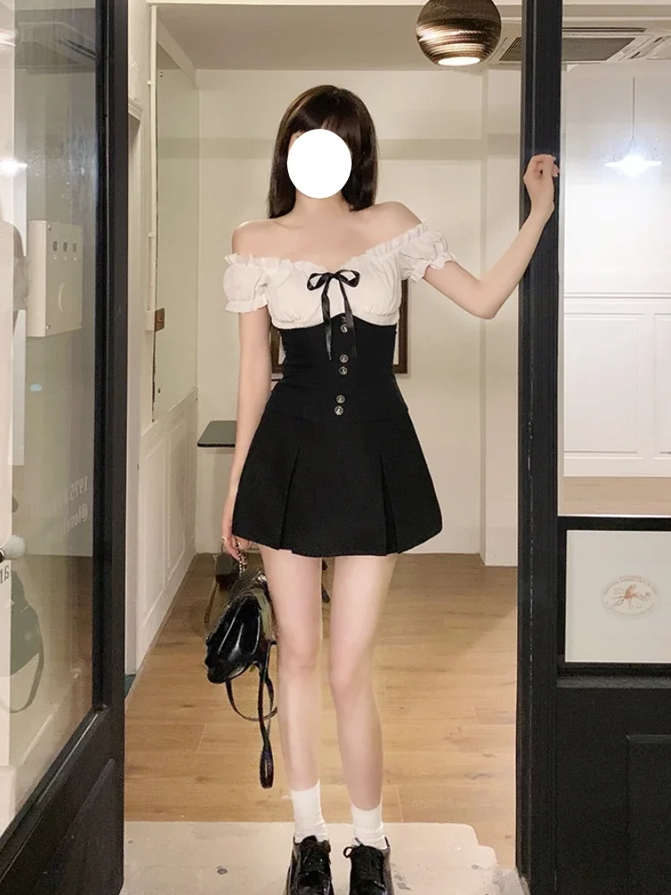 Elegant 2 Piece Dress Set Women Casual White Kawaii Blouse Female High Waist Y2k Black Skirt Slim Lolita Clothing 2023 Summer