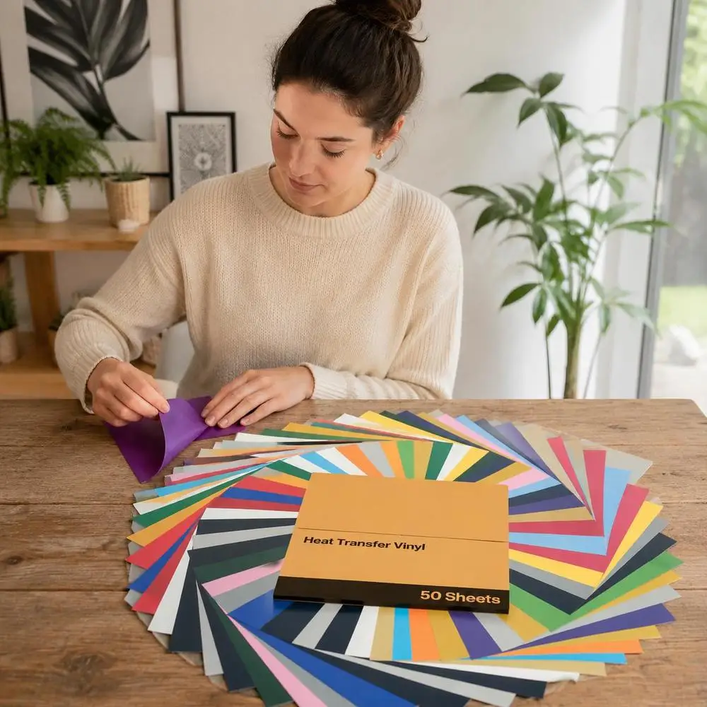 50 feuilles de vinyle thermocollant, vinyle PVC de 12x12 pouces, couleurs assorties, compatible avec les machines de découpe, film thermocollant pour t-shirts, oreillers, chapeaux, sacs, travaux manuels DIY