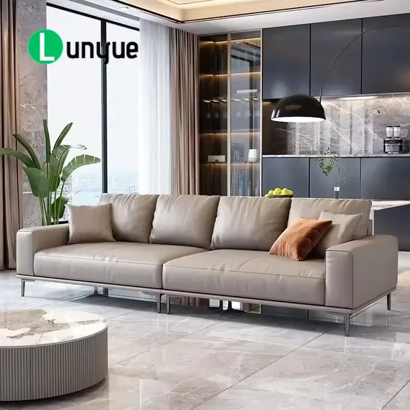 Genuine Leather Sofa Italian Style 4 Seater Grey Real Leather Couch Set Modern Living Room Furniture Comfortable Durable Home