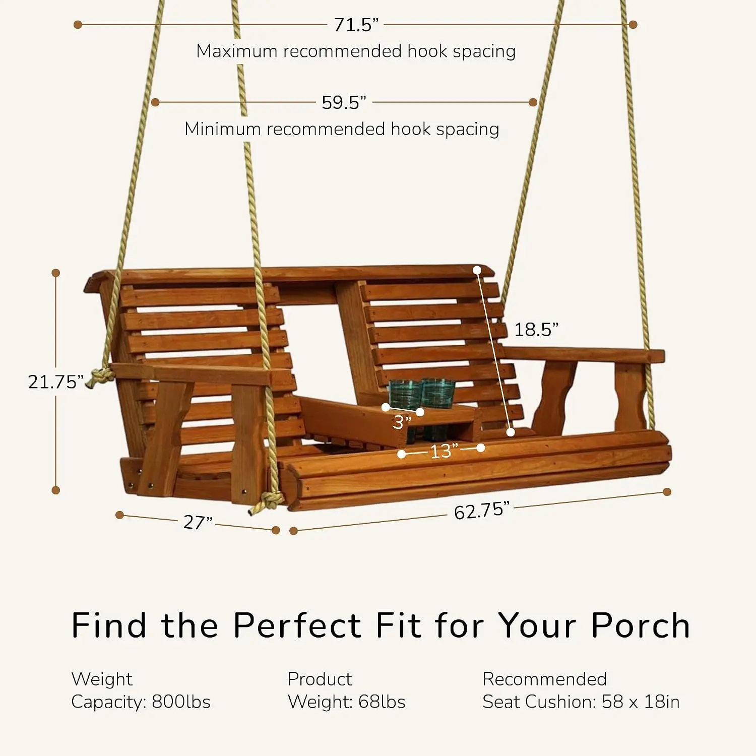 Heavy Duty 800 Lb Rollback Porch Swing with Hanging Ropes, Cedar Stain, Customized