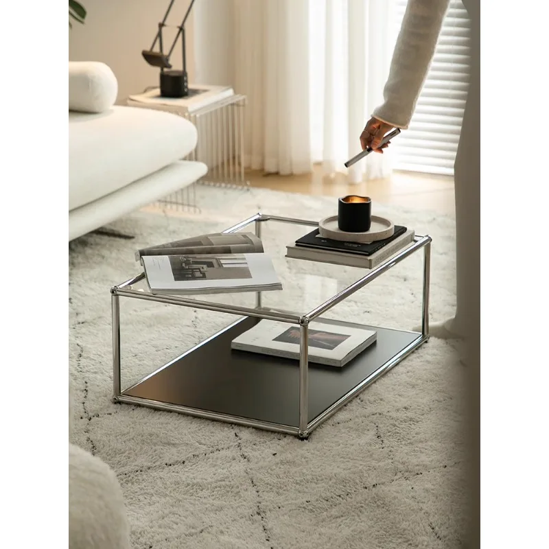 طاولة قهوة من الفولاذ المقاوم للصدأ، طاولة قهوة زجاجية حديثة وبسيطة لغرفة المعيشة المنزلية
