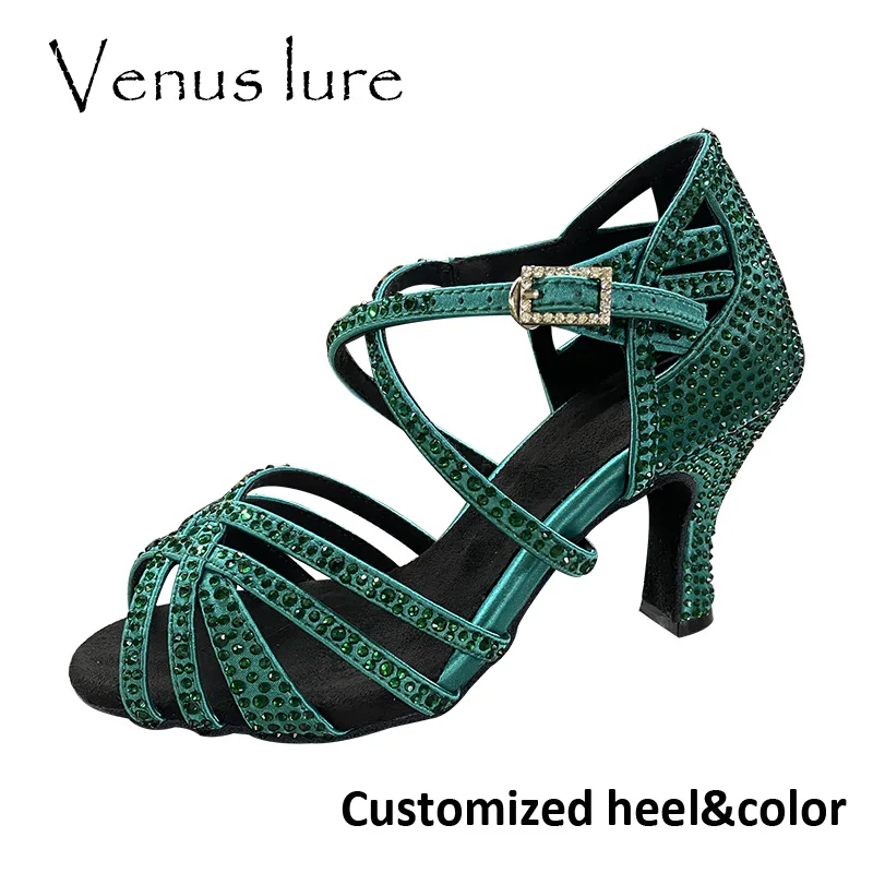 

Customized Venus lure Women Latin Dance Shoes Green Rhinestones Soft Sole BD Shoes for Dancing Ladies Sandal 7CM