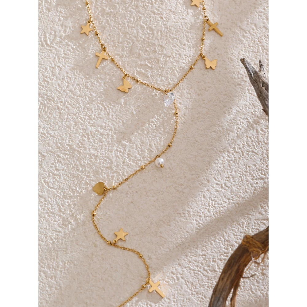 Yhpup 2025 Cross Butterfly Zircon Pearl Drop Long Chest Y Chain Necklace PVD Plated Stainless Steel Summer Fashion Jewelry