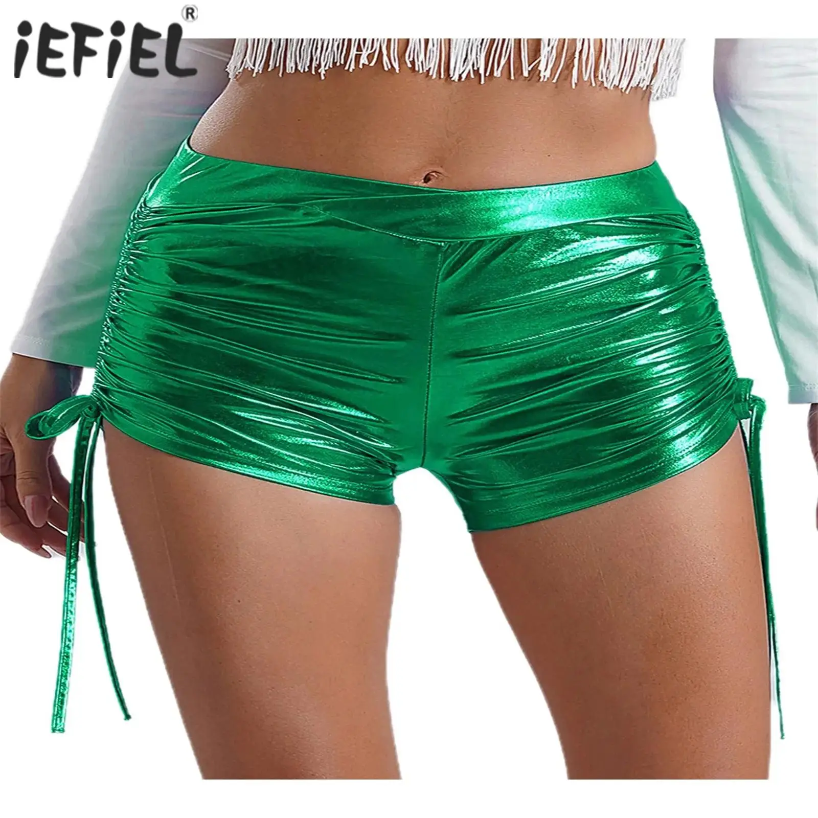 Womens Sexy Metallic Shiny Booty Shorts High Waist Side Adjustable Drawstring Hot Pants Shorts for Club Disco Dancing Party