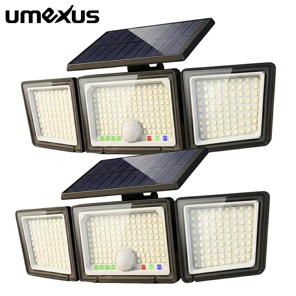 1/2 luces solares para exteriores con sensor de movimiento, 3500LM, 286 LED, luz de seguridad con indicador visual de batería y modo, 3 modos de iluminación