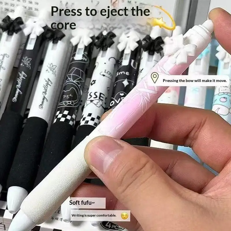 /KQM/4 Pcs Black And White Bow Press Pen Soft Grip Super High Value 0.5mm Brush Question Quick Drying Press Cartoon Neutral Pen