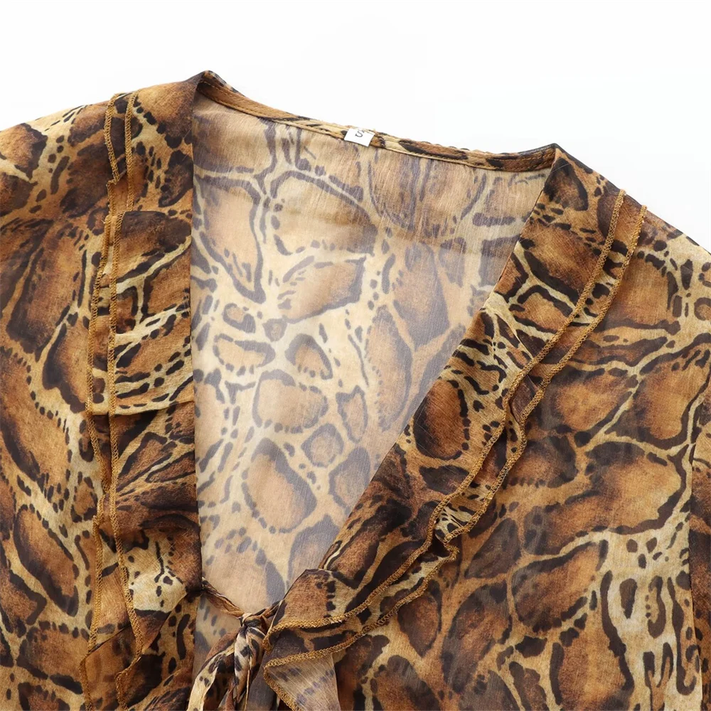 UNIZERA2024 Summer New Product Casual Women\'s Fashion Stacked Decoration Leopard Print Long Sleeve Shirt