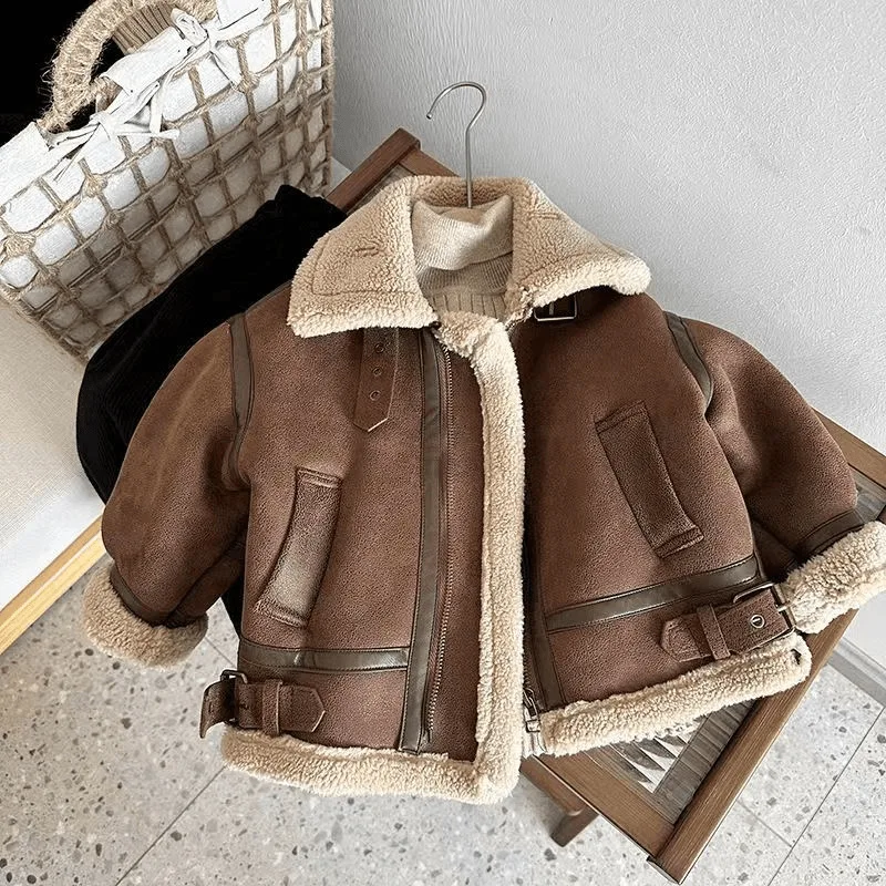 

Rindu Cashmere Leather Jacket Winter Keep Warm Boys Jacket Thick Lining with Plush Fur Collar Coat Kids Girls Coats