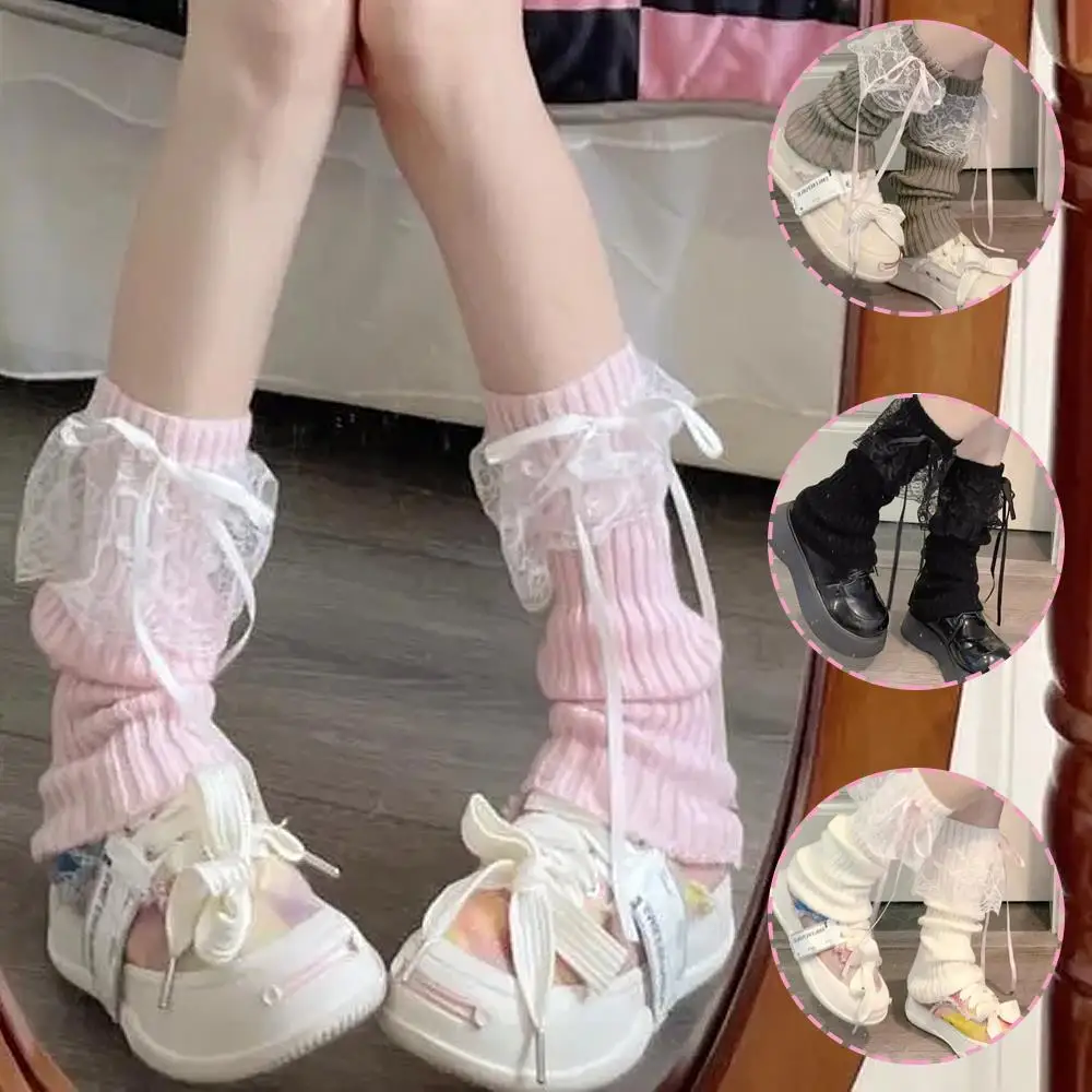

Japanese Y2K Lolita Girls Lace Bow Leg Warmers Women Leg Warmer Knitted Streamer Leg Covers JK Bow Princess Style Slouch Socks