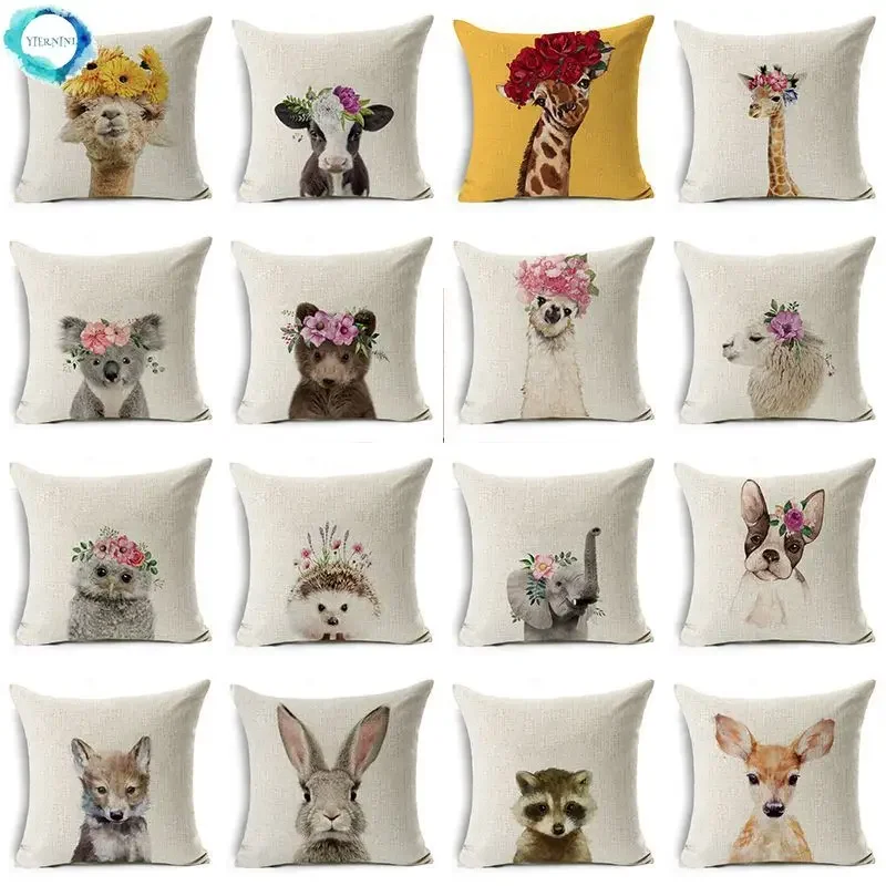 

2023 New Lovely Animals Floral Crown Pillows Cover Modern Fashion Linen Throw Pillows Case Sofa Chair Couch Kids Cushions Cover