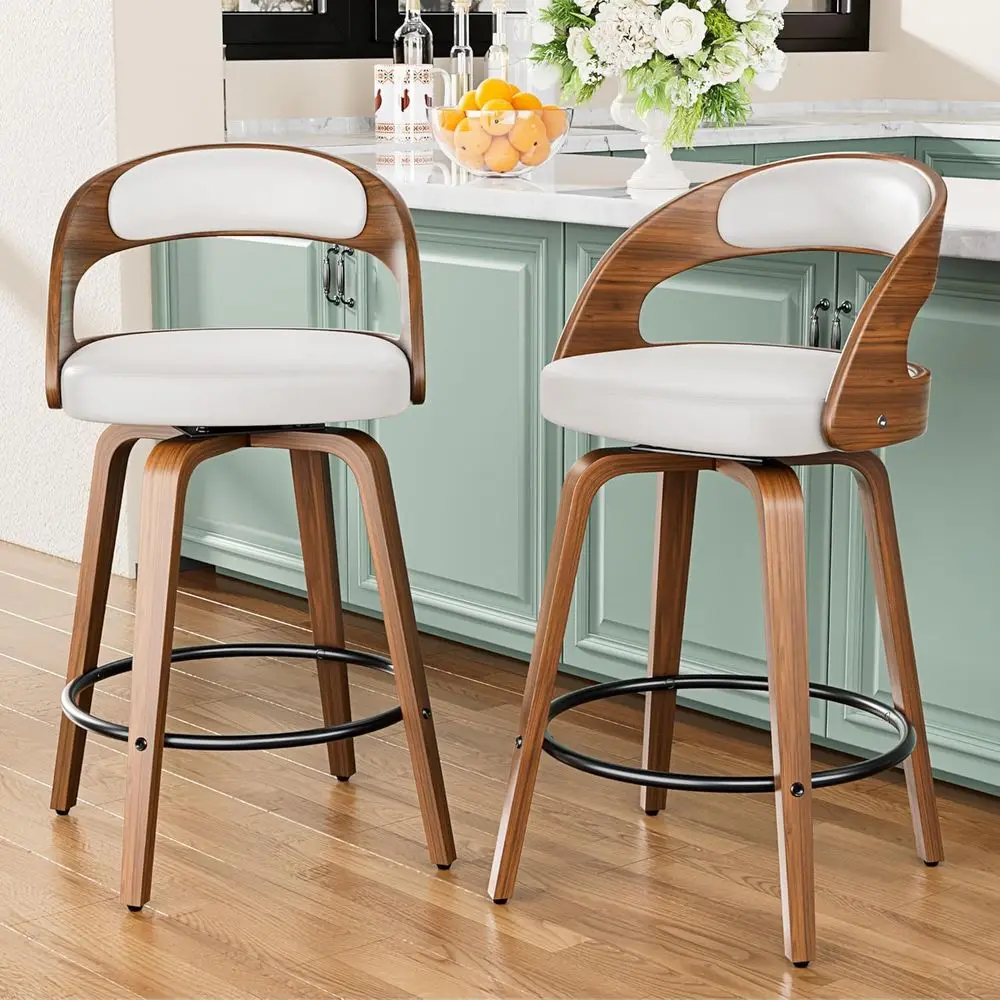 

Set of 2, 26 White Modern Leather Swivel Bar Stools with Bentwood Back for Kitchen or Dining Area