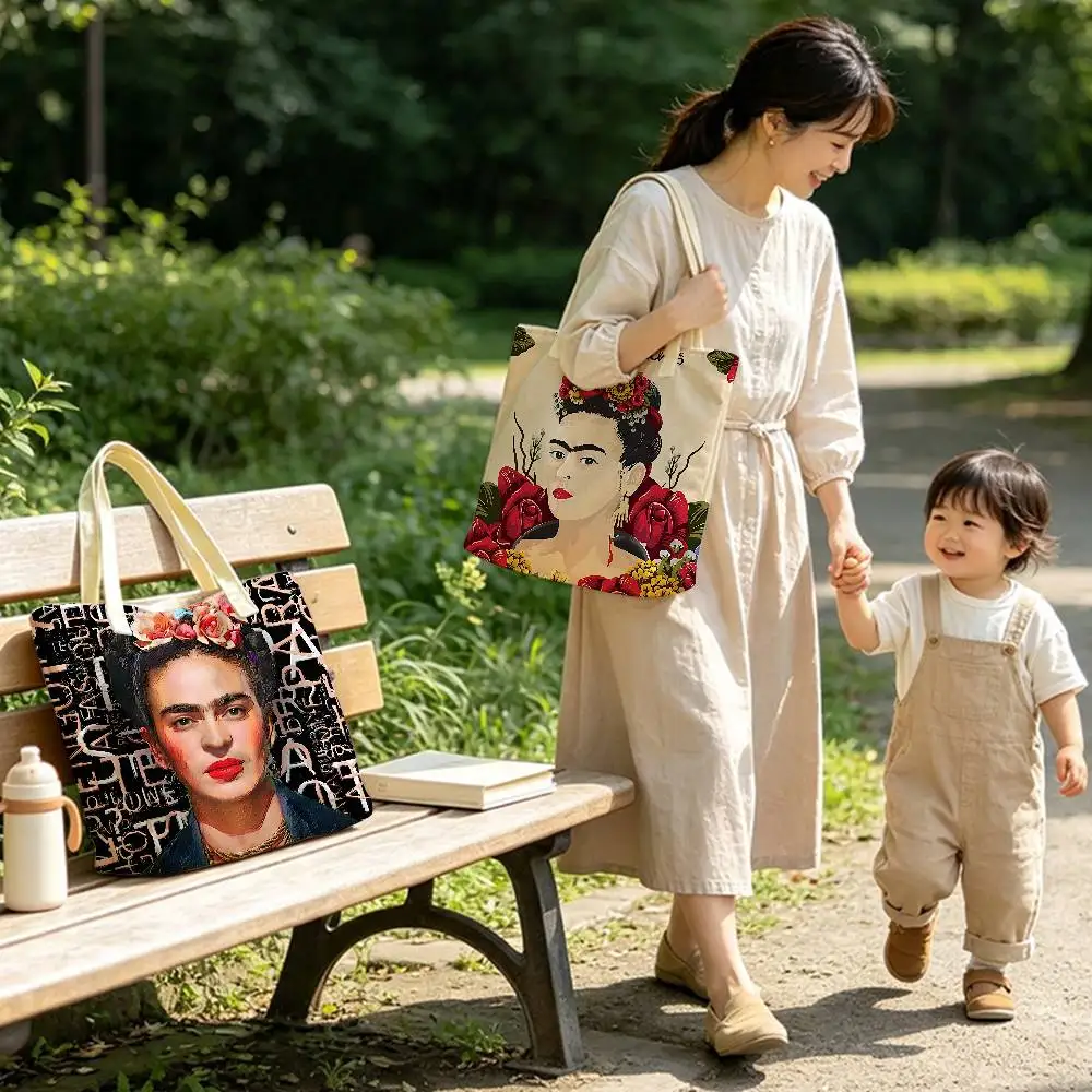 Mexican F-Fridas Various Anime Cotton‑Polyester Tote Bag Reusable Eco‑Friendly Double‑Sided Shoulder Storage Shoulder Bag view 2