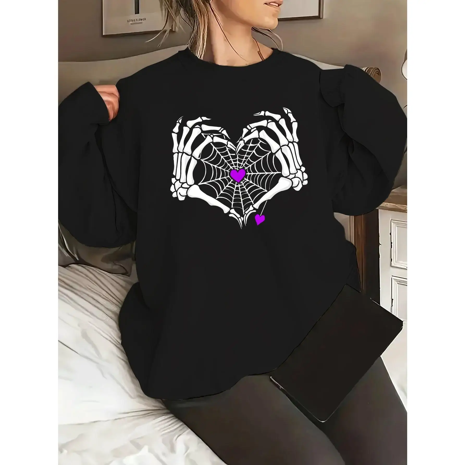 

Spooky Heart Hands Sweatshirt | Women's Skeleton Graphic Crewneck Jumper | Funny Halloween Fall Love Oversized Pullover