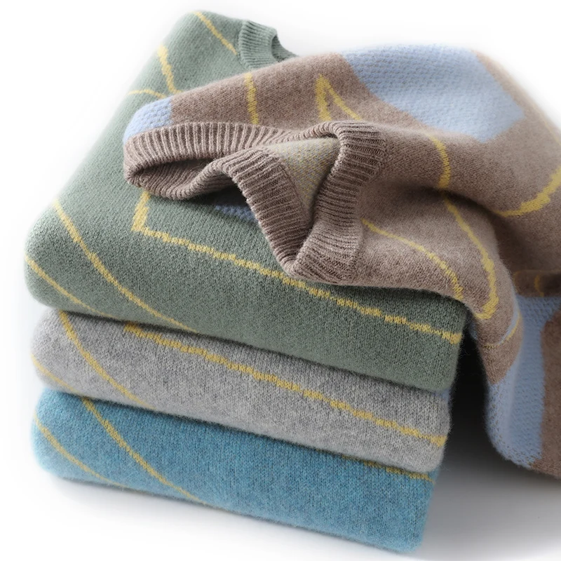 Autumn And Winter New 100% Wool Men's Round Neck Color Matching Knit Bottoming Shirt Business Casual Loose Cashmere Sweater