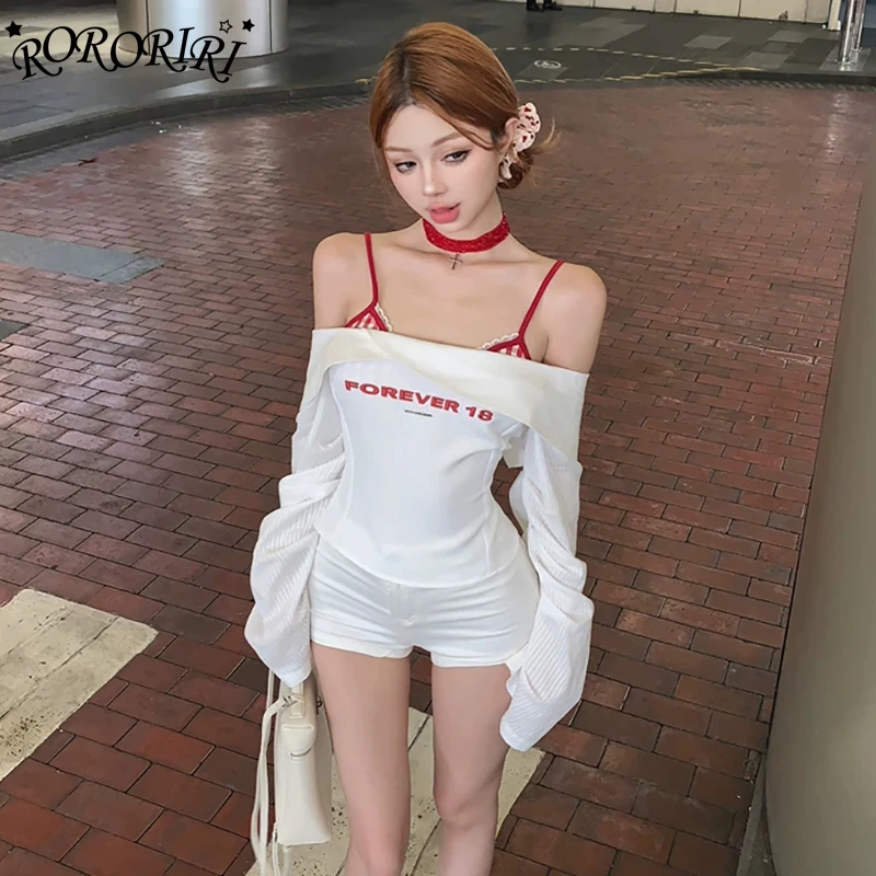 RORORIRI Striped One-shoulder Top Women 2-piece Set Lace Trim Inner bra Letter Lantern Long Sleeves T-shirt Grayu Autumn Clothes