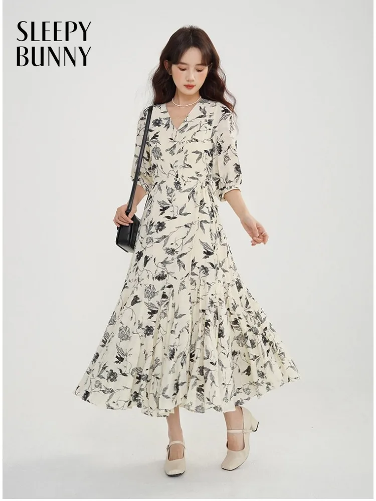

Women Floral Print V Neck Midi Dress Lady French Elegant Waist Cinched Slim Fit Spring Dress Casual Romantic Daily Party Wear