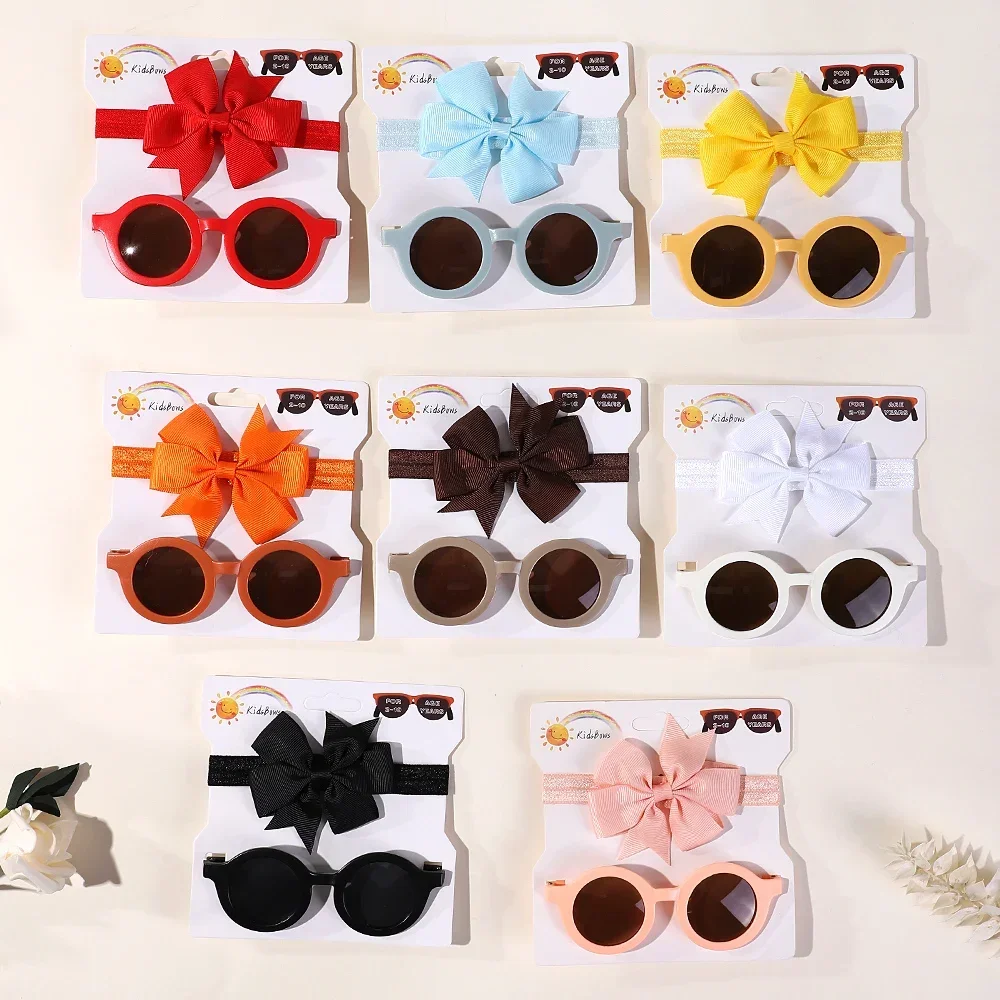 2 stücke Sonnenblumen band Stirnband Retro Sonnenbrille kleines Mädchen Freizeit urlaub Runde Herz Brille große Schleifen Kleinkind Haars pange Set