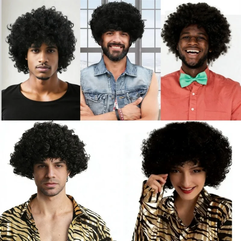 Synthetic Wigs Caps 70s Disco Hippie Rock Punk Afro Synthetic Wigs Curly Hair Mens Women Party Halloween Cosplay Hair Headcover image 3