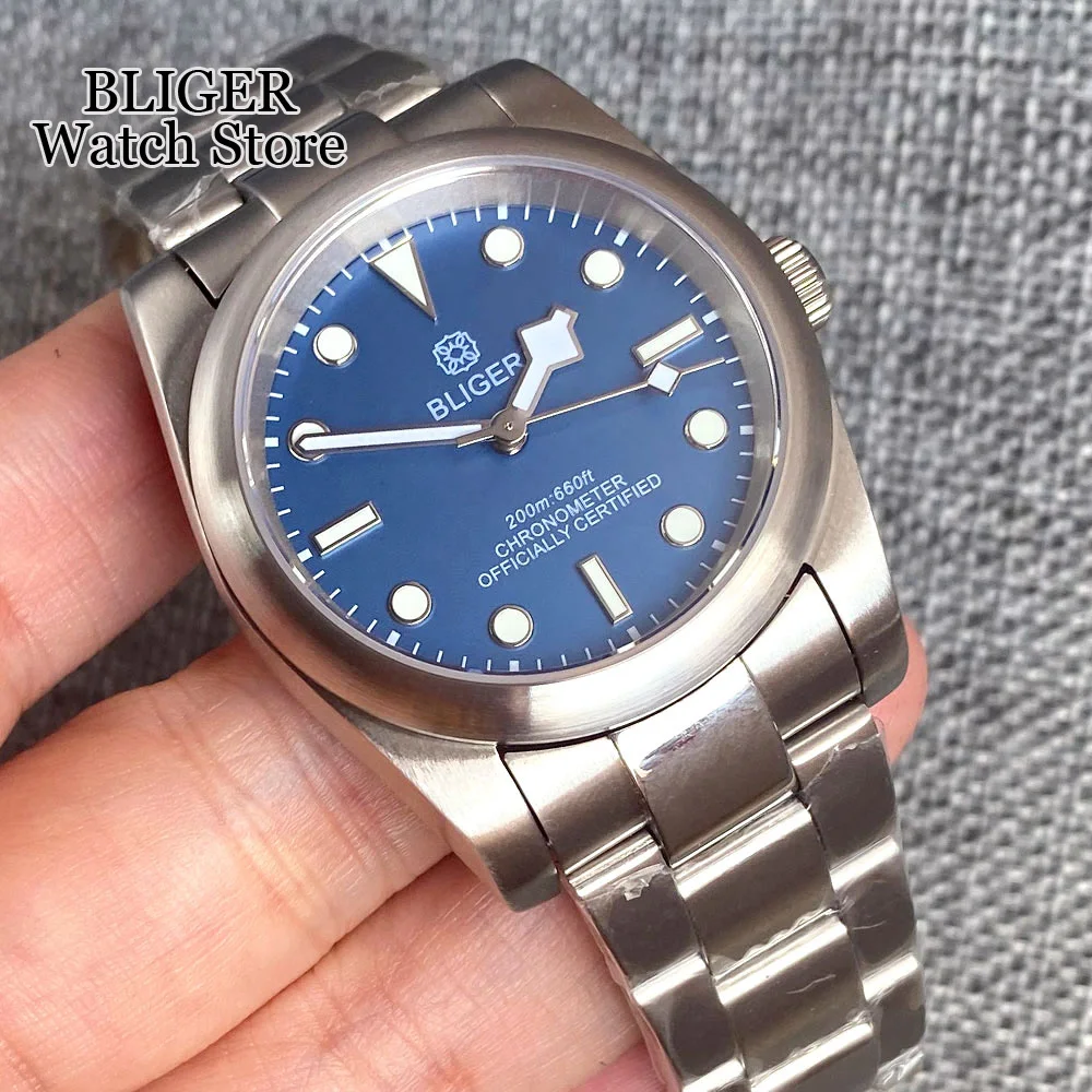 BLIGER 36mm 39mm Brushed Case Automatic Men Watch NH35A PT5000 Luminous Snow Flake Hand Sapphire Steel Bracelet Blue Green dial