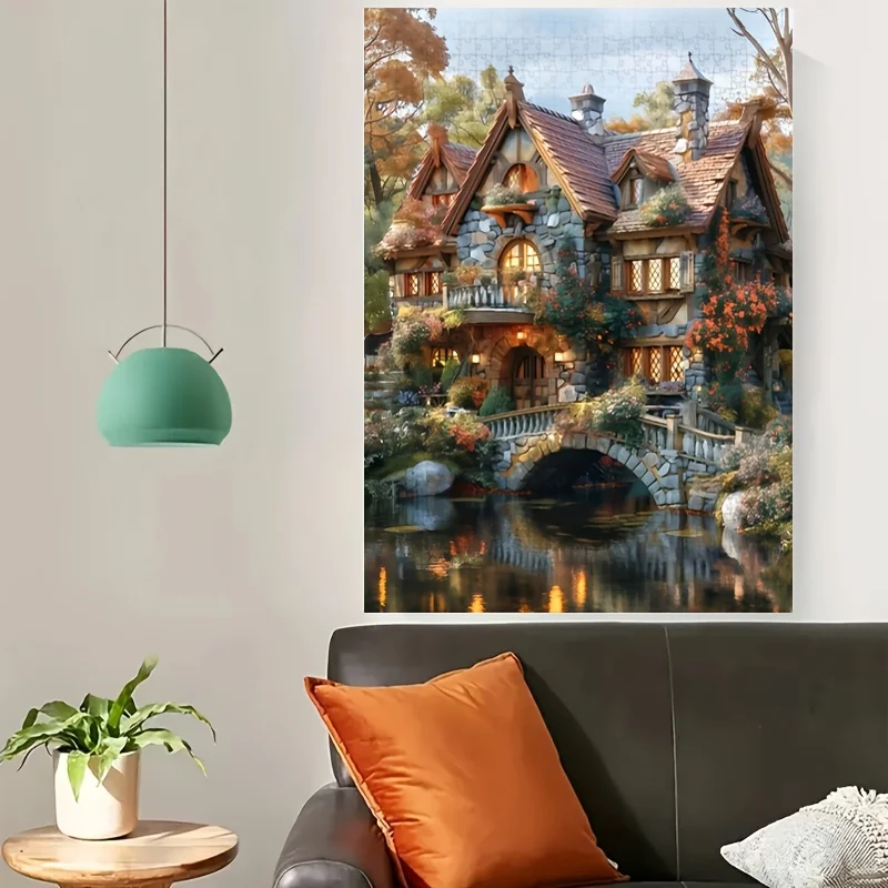 1000 قطعة من أحجية الصور المقطوعة من Lakeside Cottage - دعابة الدماغ التي تحديها بنفسك للبالغين والعائلات، تصميم مستطيل أبيض مع Vib