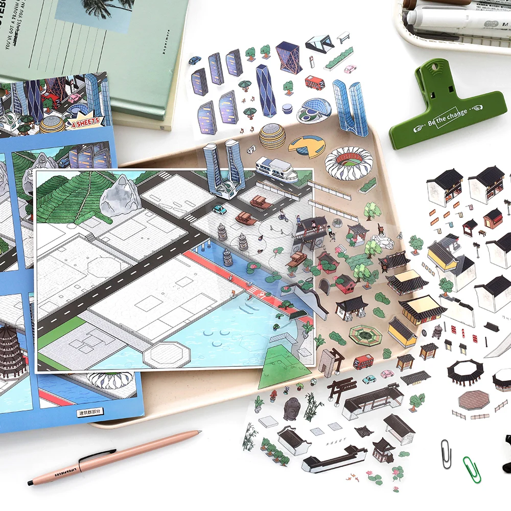 Kawaii 3D grote stad hoekscènestickers DIY handgemaakte stapelen creatieve plakboekstickers