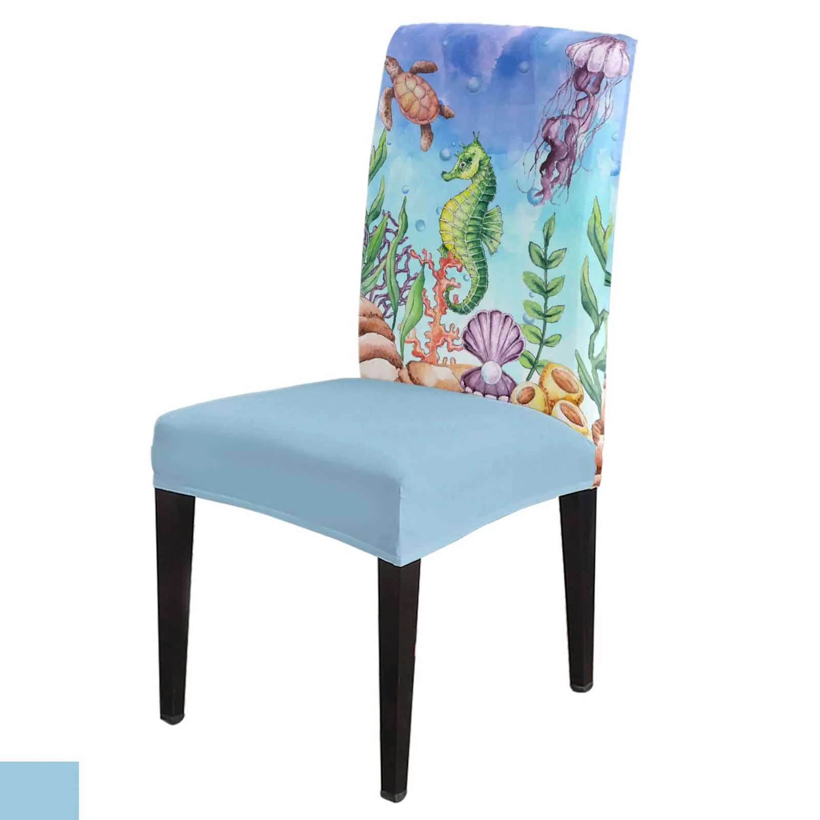 Ocean Jellyfish Seahorse Coral Watercolor Chair Cover Set Kitchen Stretch Spandex Seat Slipcover Home Dining Room Seat Cover