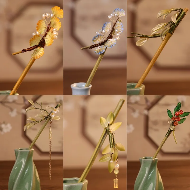 

Bamboo Hairpin Carbonized Bamboo Branch Ancient Style Hairpin Headpiece Wrapped with Flower Glass Bamboo Hairpin Simple