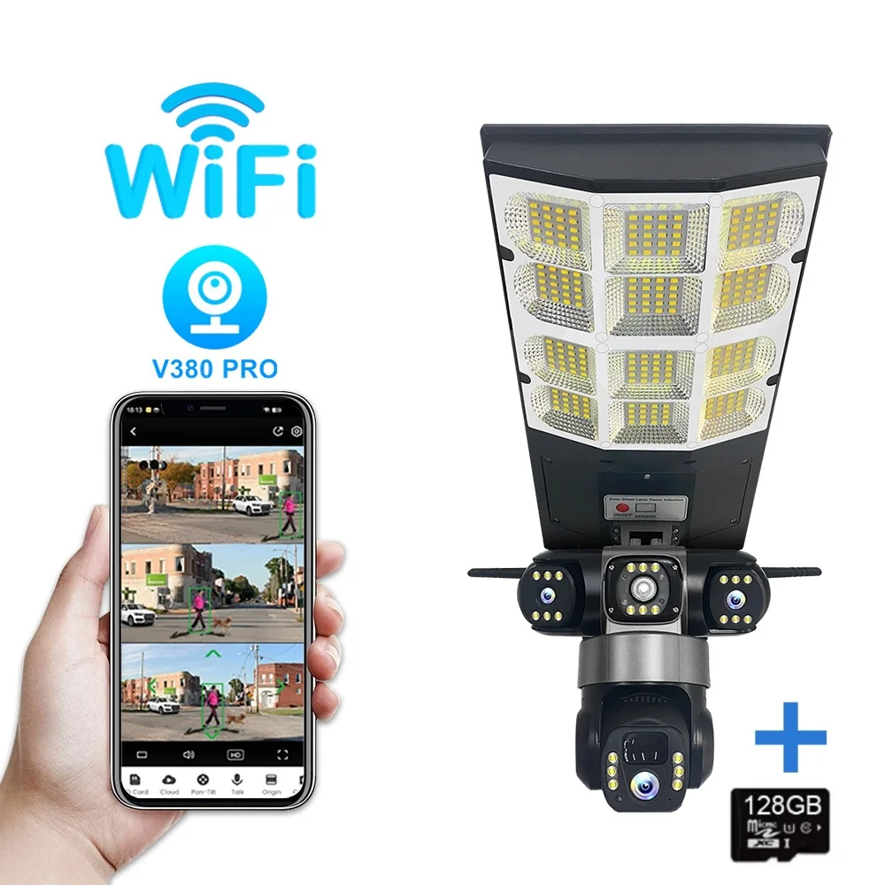 Solar WIFI Straatlantaarn HD Camera 15MP 10X Zoom Drie Lens Opname Humanoïde Tracking Buitencamera's LED Lamp Afstandsbediening - afbeelding 1