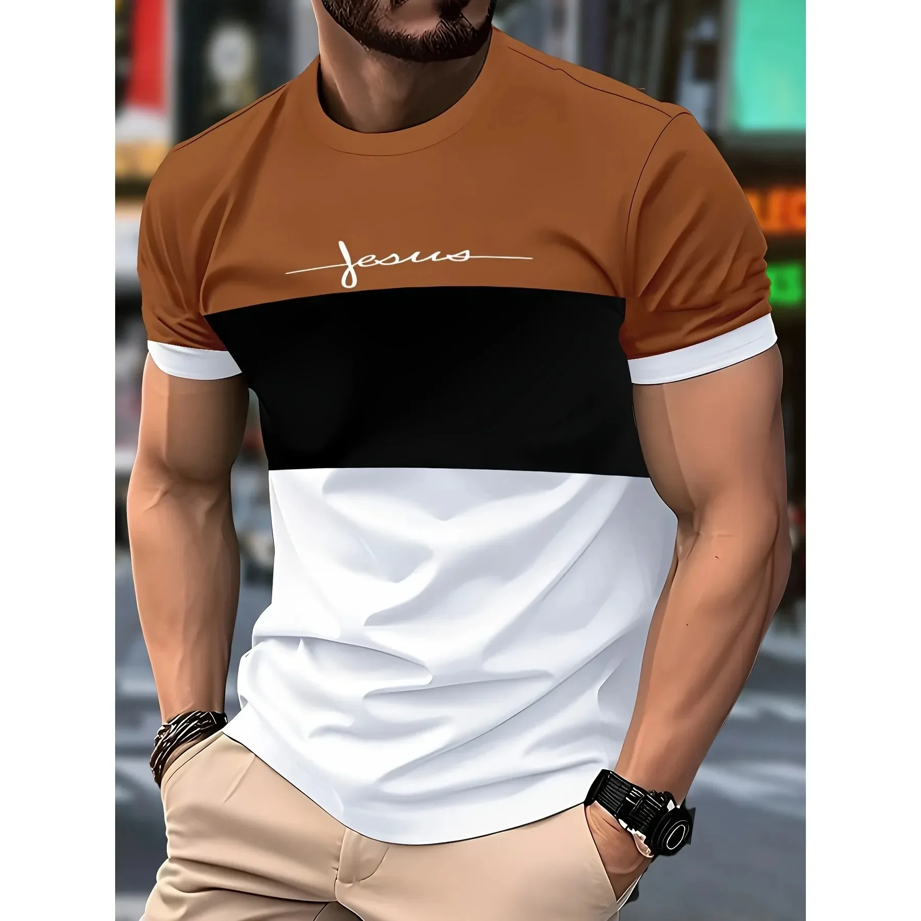 2026 Modisches T-Shirt mit Buchstaben-Print, Farbblock, lässiges Kurzarm-Oberteil, atmungsaktives Sommer-Rundhals-T-Shirt, Streetwear für Herren