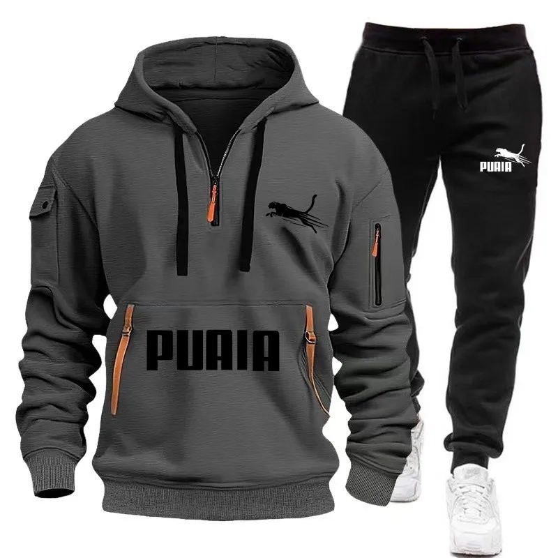 Novo conjunto de roupas esportivas com capuz e zíper masculino + calças esportivas duas peças outono e inverno terno esportivo casual masculino terno de corrida diário