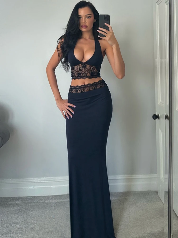 

Weird Puss Mesh Patchwork Sexy Summer Women 2 Piece Set Halter Backless Tops+Waistband Long Skirts Midnight Matching Clubwear