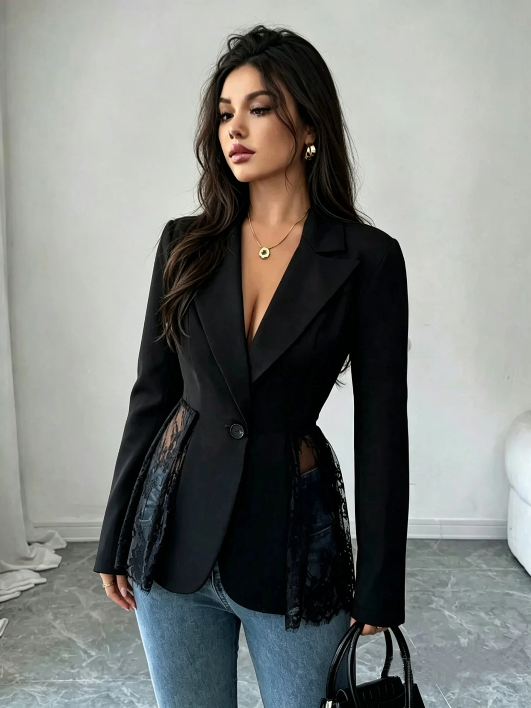 Spring New Arrival Color Block Lace Waist Slim A-Line Women's Blazer Jacket Fashionable Elegant Stylish Women's Suit Coat