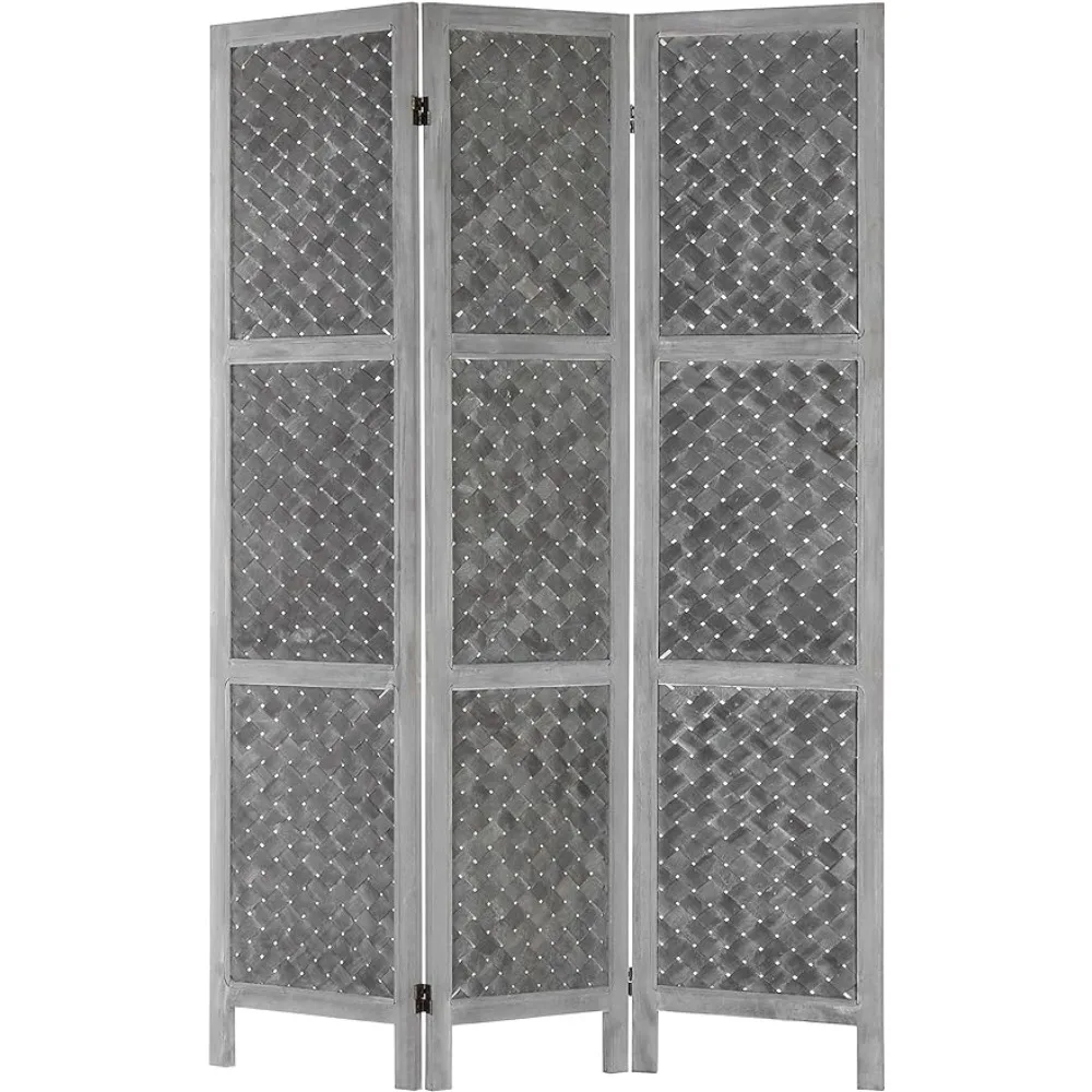 

3-Panel Distressed Grey Woven Wood-Framed Dual-Hinged Room Divider Folding Partition Room Dividers Panels Separator Desk Home