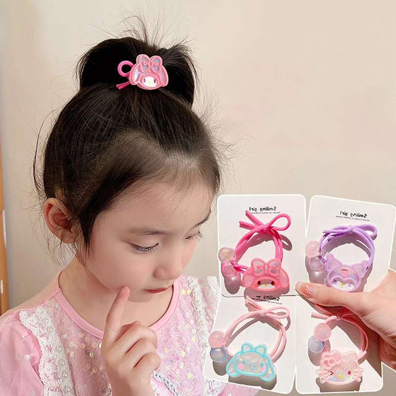 Sanrio-Bandas de goma de dibujos animados Kuromi para niños y niñas, lazo de pelo de alta elasticidad, cuerda para el pelo, melodía, canela, cuerda para la cabeza de perro, tocado