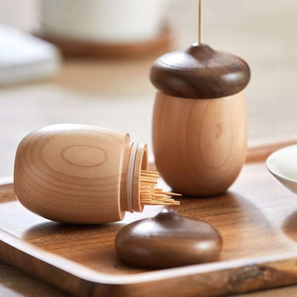 Cute Acorn Wooden Toothpick Holder, Black Walnut Lid Dust‑Proof Wood Toothpick Box,Nordic Ins Style Desktop Q‑tip Container