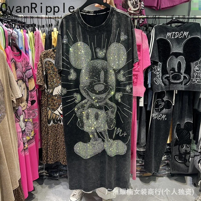 

Trendy Spring Summer Loose Waist Women Straight Dress Luxury Mickey Hot Diamonds Short Sleeve T-shirt Top Mid-long Casual Dress
