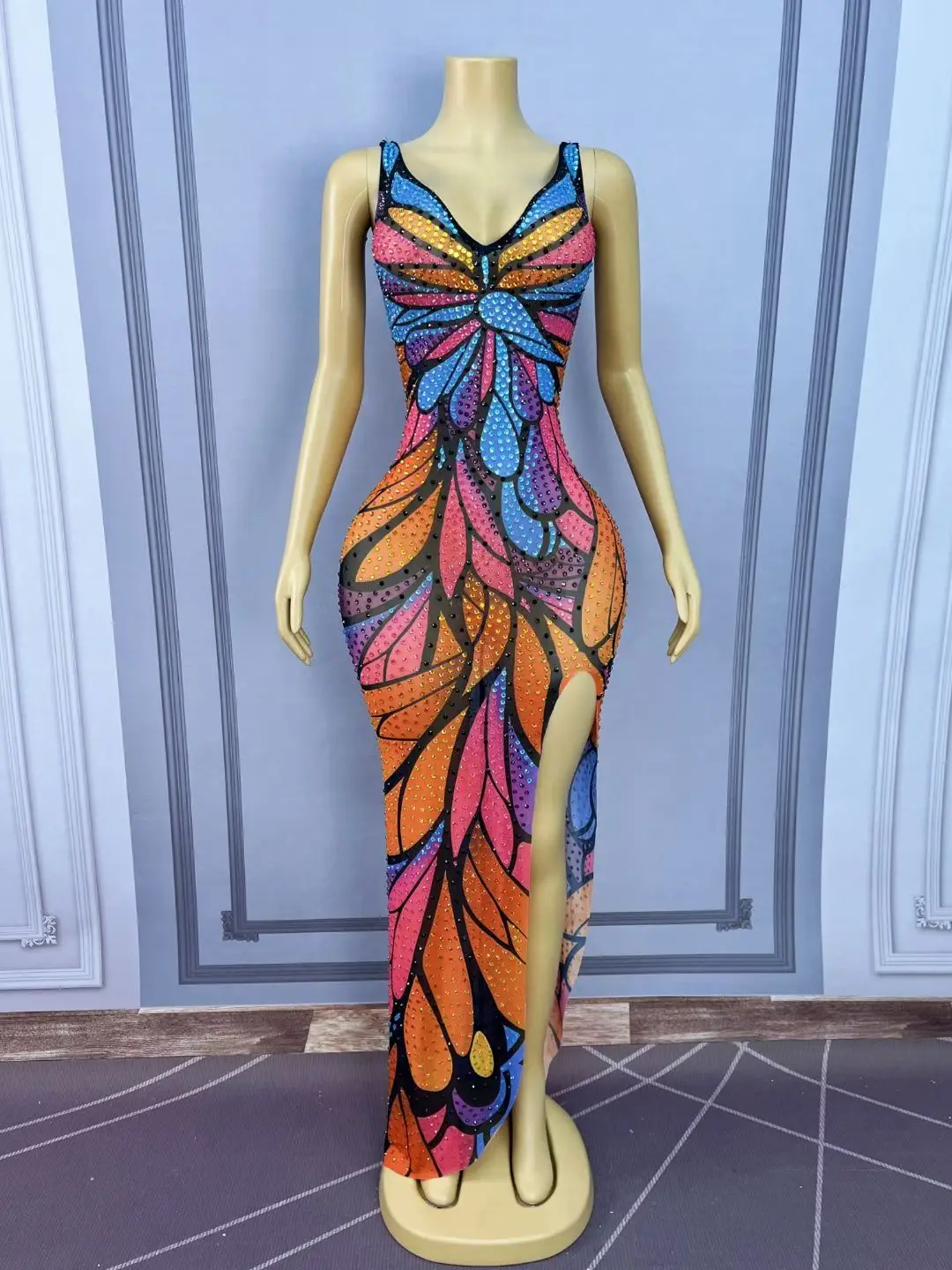 فراشة الطباعة سباركلي حجر الراين مساء اللباس مثير ضمادة العميق الخامس الرقبة فستان طويل موضوع حزب احتفال الزي Caihongdie