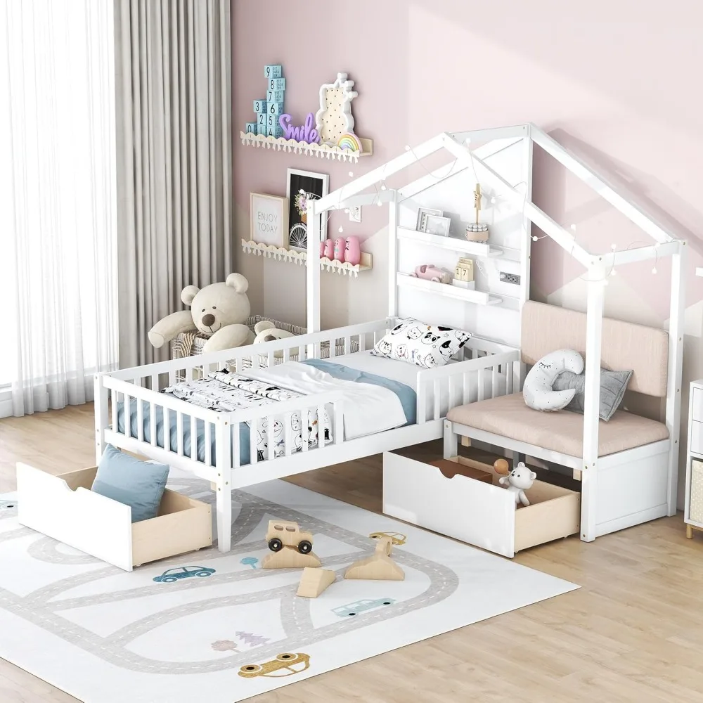 Twin House Bed for Kids, Platform with Upholstered Sofa, Charging Station, Wireless Charging, Storage Shelves and Two Drawers,