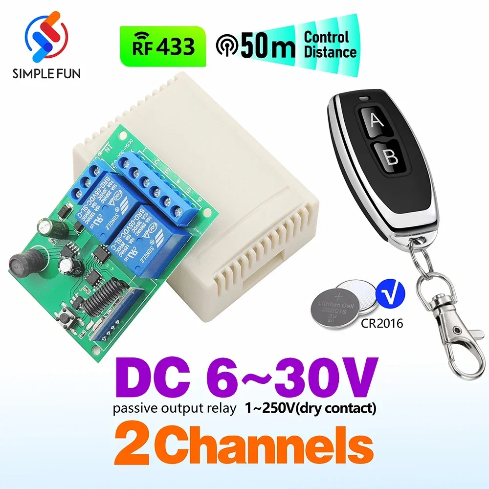 433MHz Universal Wireless Remote Control Switch DC 6V 12V 24V 2CH RF Receiver,50m Remote Controller,for Light/Gate/Motor/DIY