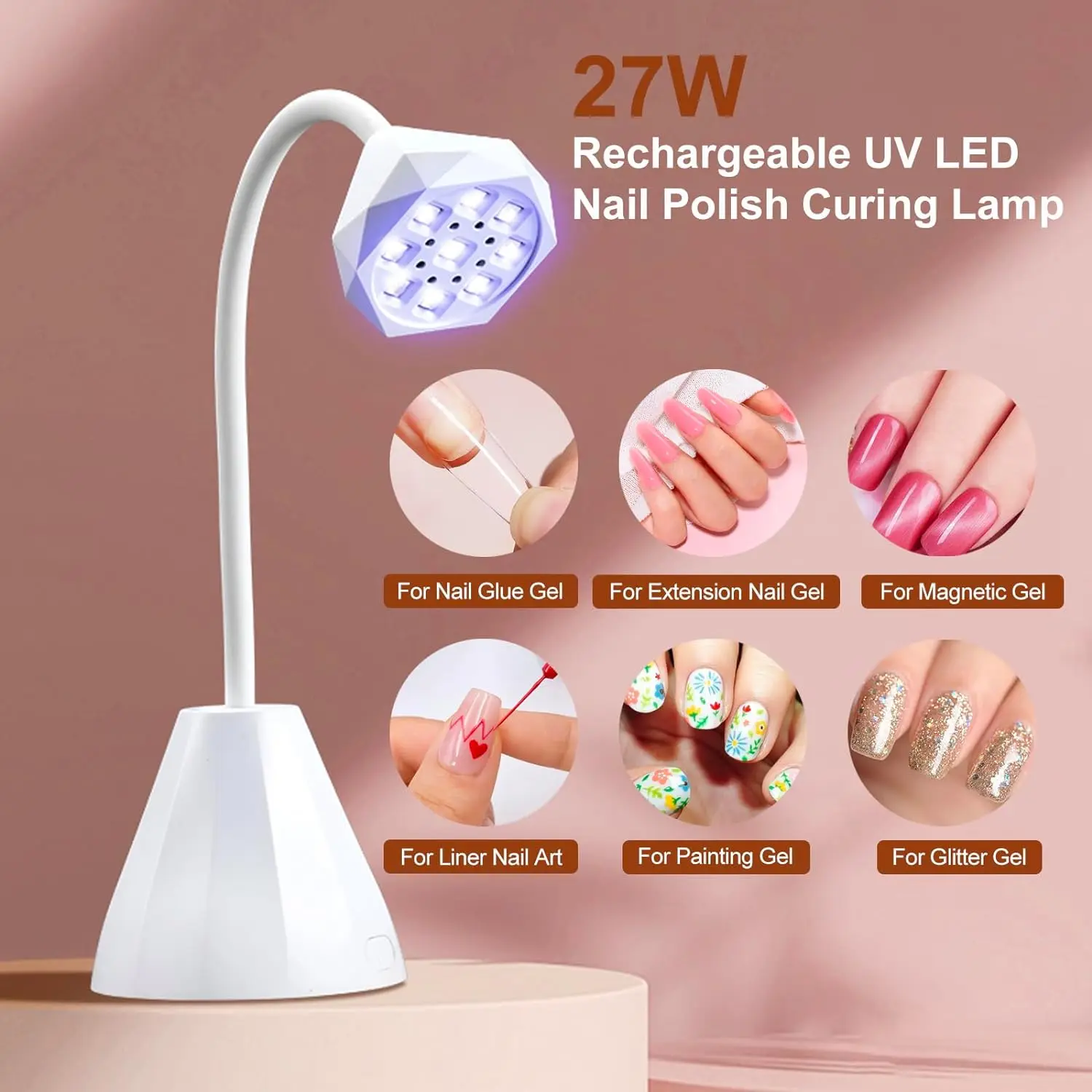 USB LED UV Nail Lamp Rechargeable 27W Mini UV Light for Gel X Nails Extension Cordless Portable Nail Dryer 360°Rotatable Goosene