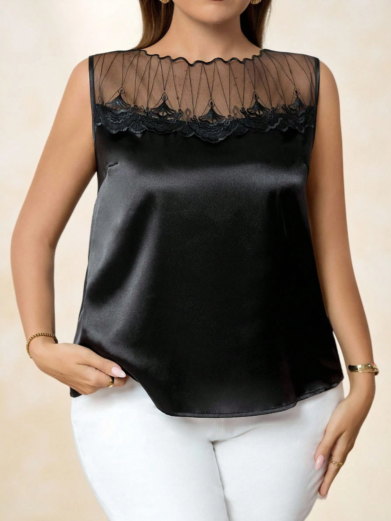 Damen Satin Tanktop Elegantes Mesh-Spitzen-Bluse Ärmellos mit Wellenförmigem Ausschnitt Luxuriöses Glänzendes Camisole Büro Casual Weste Oberteil – Detail 4