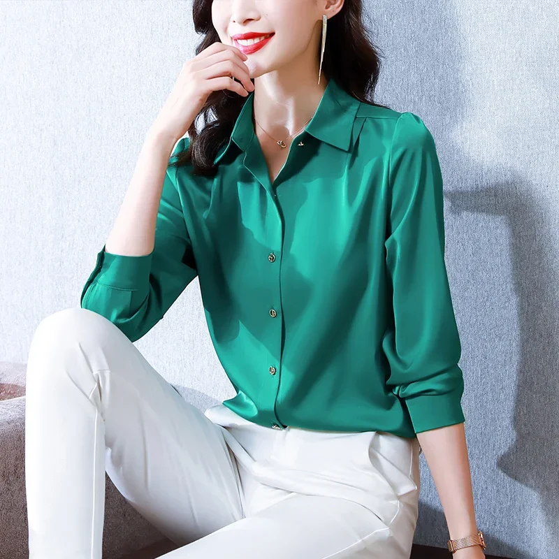 Silk Women's Shirt Vintage Solid Tops for Women Metal Button Up Polo Neck Women Clothing Long Sleeve Top Female Basic OL Shirts
