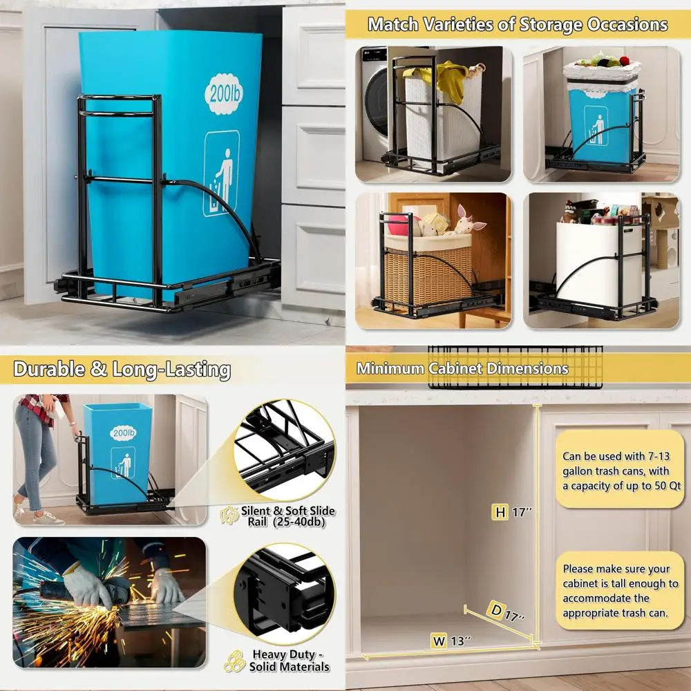

Pull-Out Trash Bin 13 Gallon Quiet Close Under Cabinet Waste Container 50 Quarts, Black, Space-Saving Kitchen Organizer