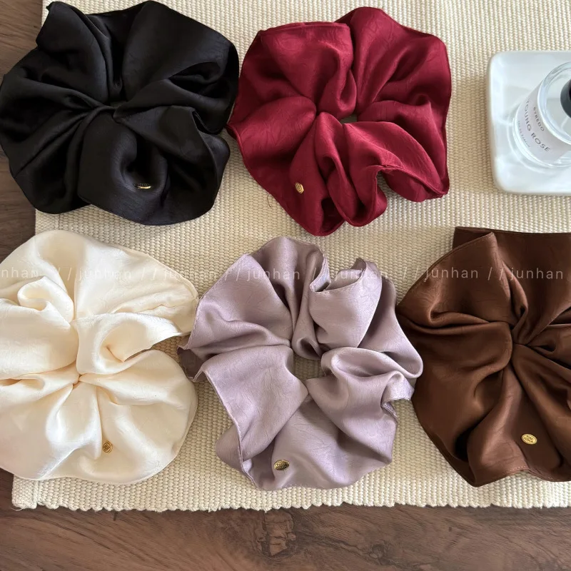 French Texture Lock Edge Small Gold Label Satin Scrunchie Hair Tie High-end Bun Hair Rope New Style