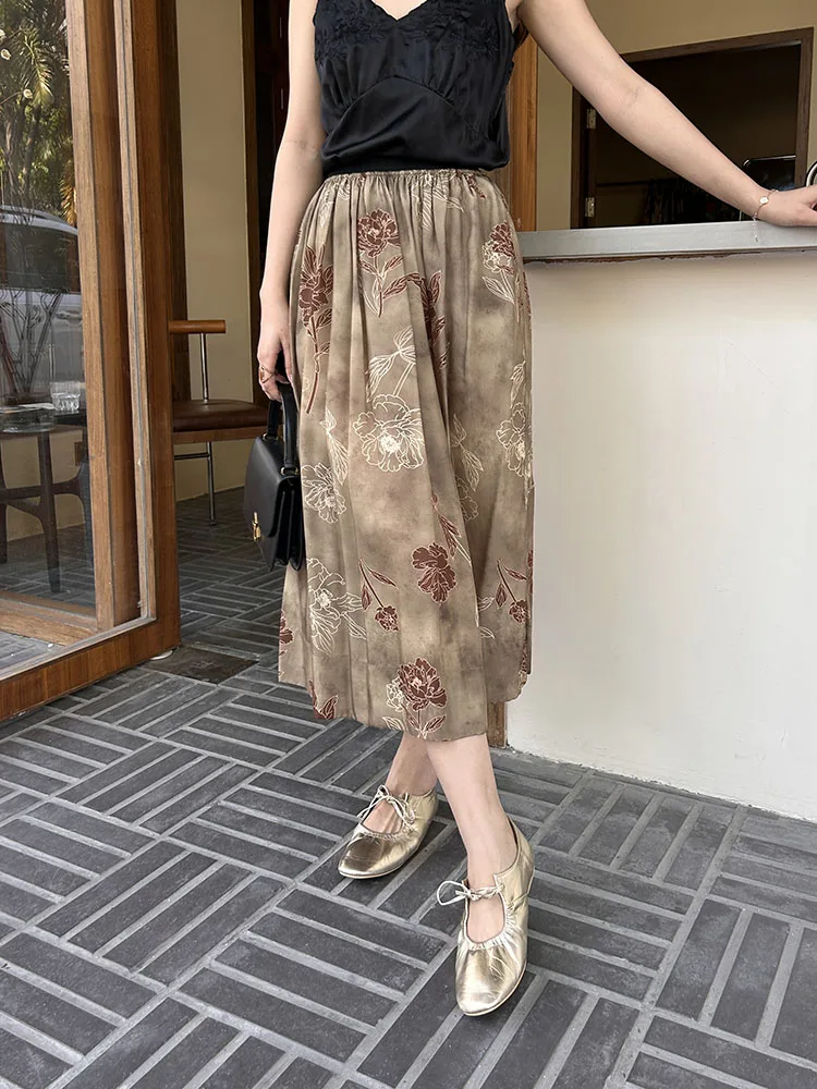 

Retro Artistic Rose Print High Waist Slimming Versatile f Skirt for Women Ci Commute Friendly A-Line Copper Ammonia Silk