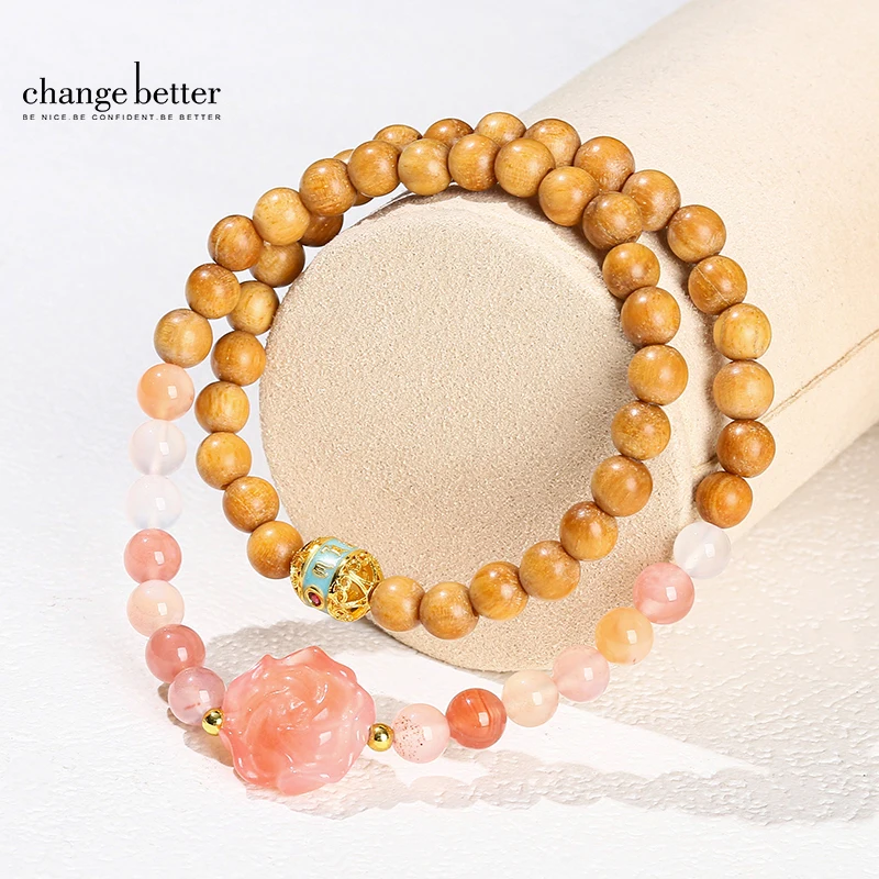 Change Better Natural Wooden Sandalwood Salt Source Agate Peony 2-Layer Bracelet Women Fashion Elegant Buddha Yoga Jewelry Gift