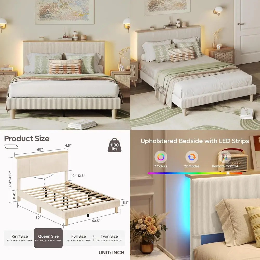 luxury adjustable headboard queen bed frame with led lighting and corduroy storage platform bed frame