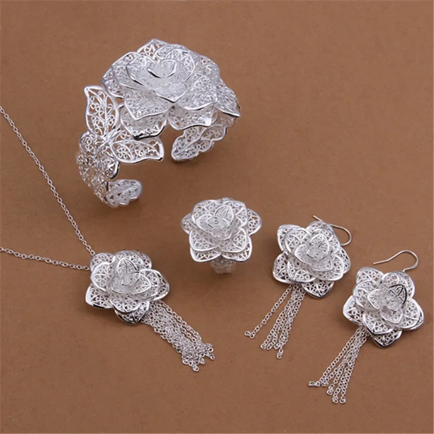 925 Sterling Silber Schmuckset für Damen Blumen-Anhänger Armreif Ohrringe Ringe Armband Halsketten Mode Party Weihnachtsgeschenke